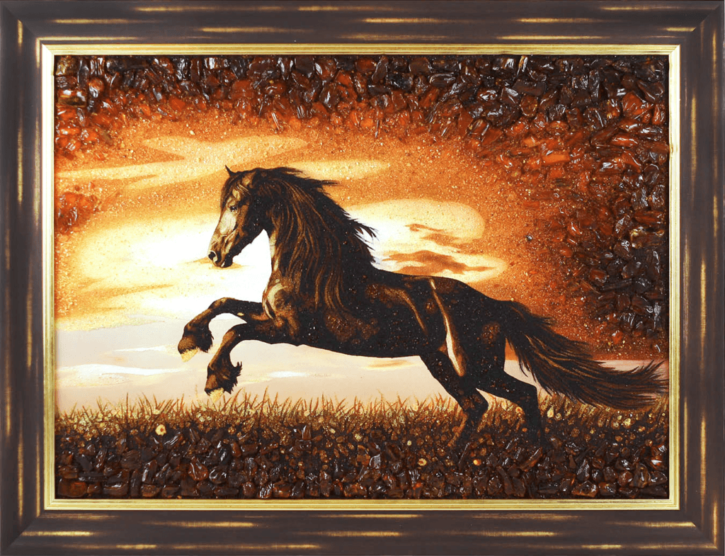 Spirit of the Wild – framed handcrafted amber artwork of a wild horse