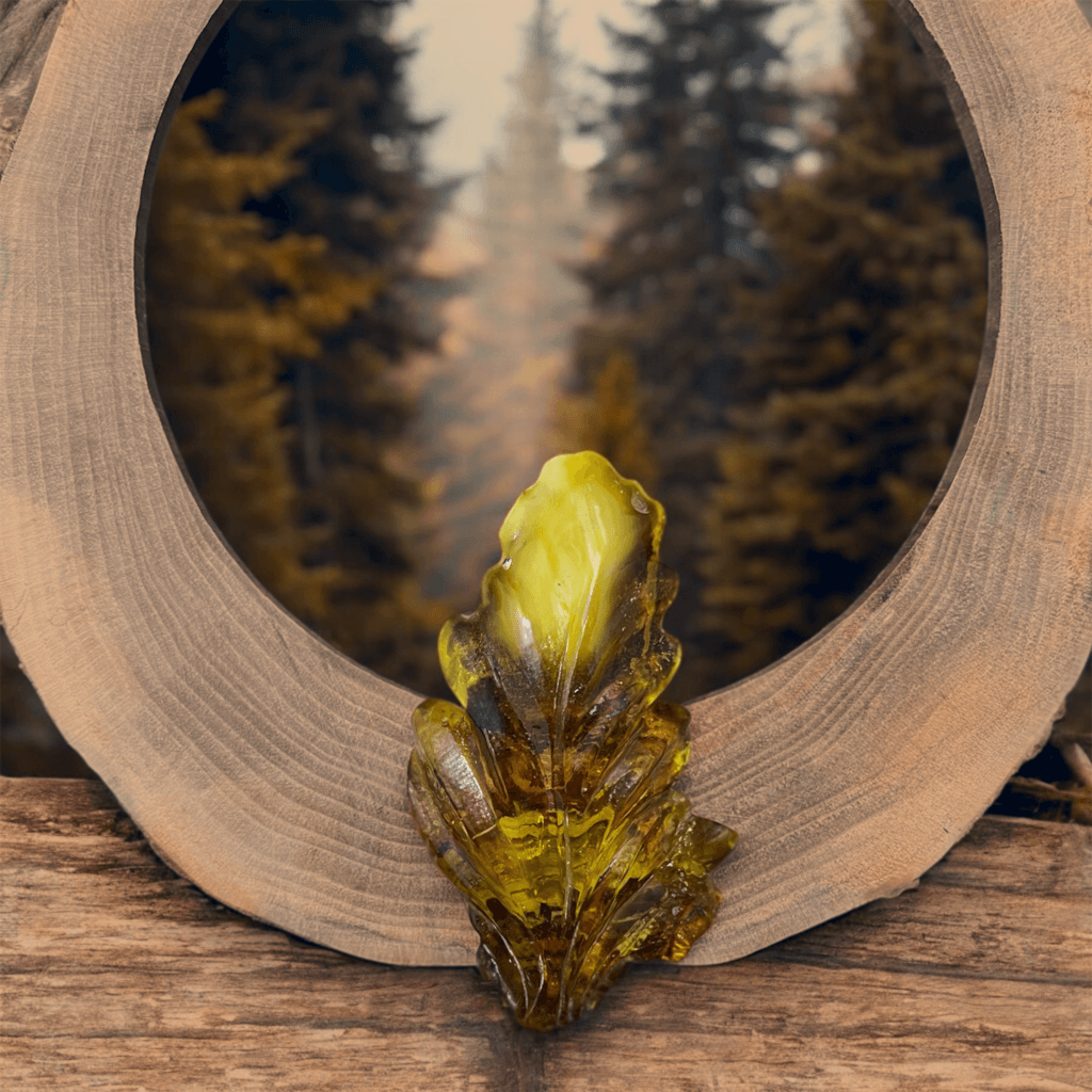 Amber Forest Jewel framed by rustic wood with a forest backdrop