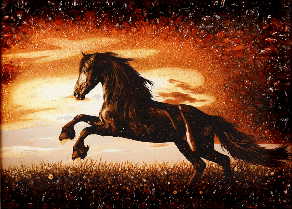 Spirit of the Wild – full view of handcrafted amber artwork featuring a wild horse