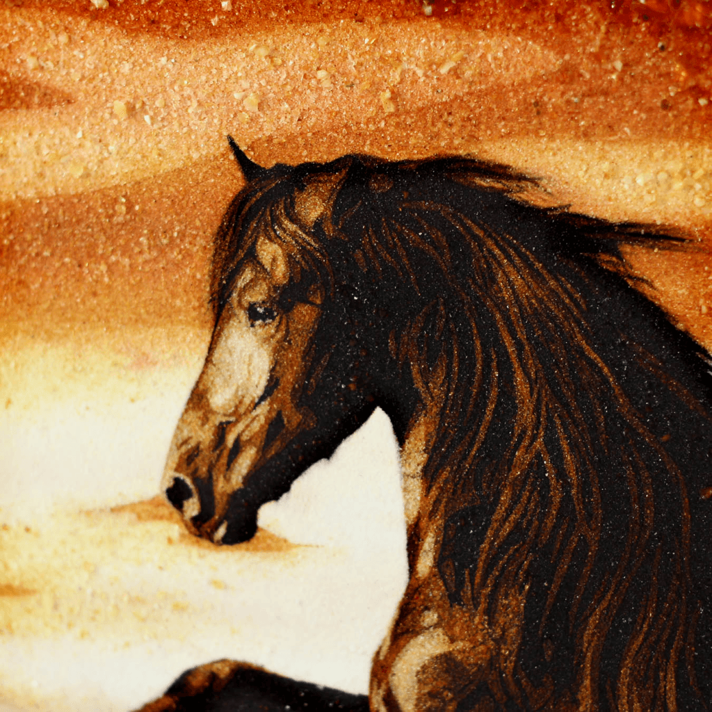 Spirit of the Wild – close-up of horse’s head in handcrafted amber artwork