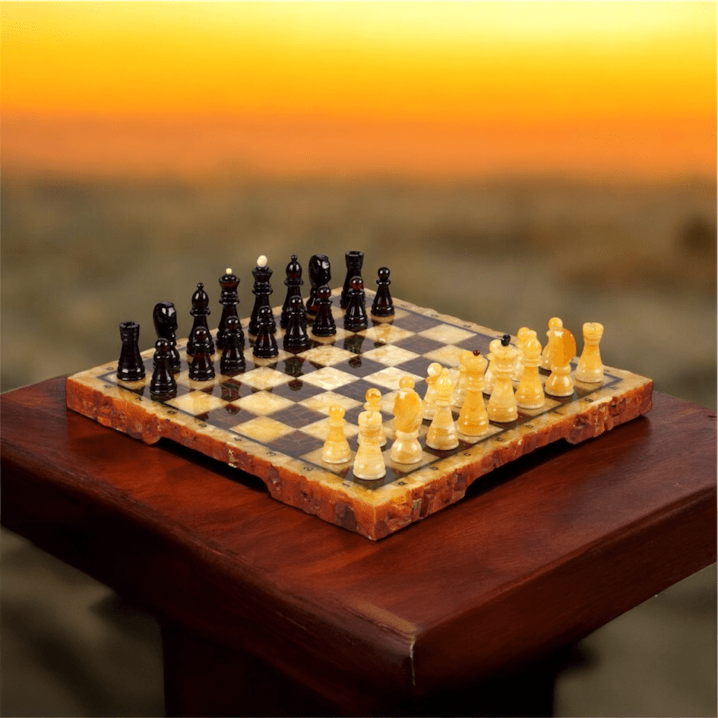 Handcrafted amber chess set showcasing polished amber pieces on an amber board