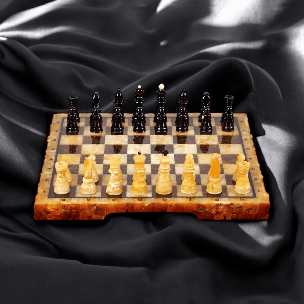 Amber Royal Chess set – full view of handcrafted amber chessboard and pieces