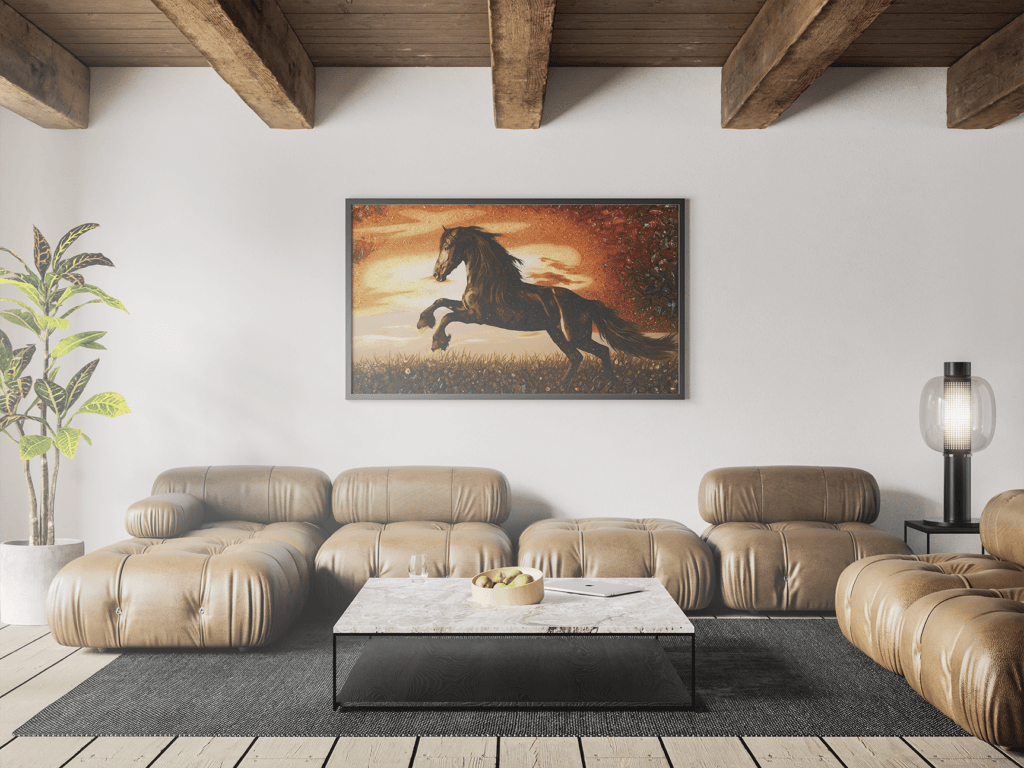 Spirit of the Wild – framed amber artwork displayed in a modern living room