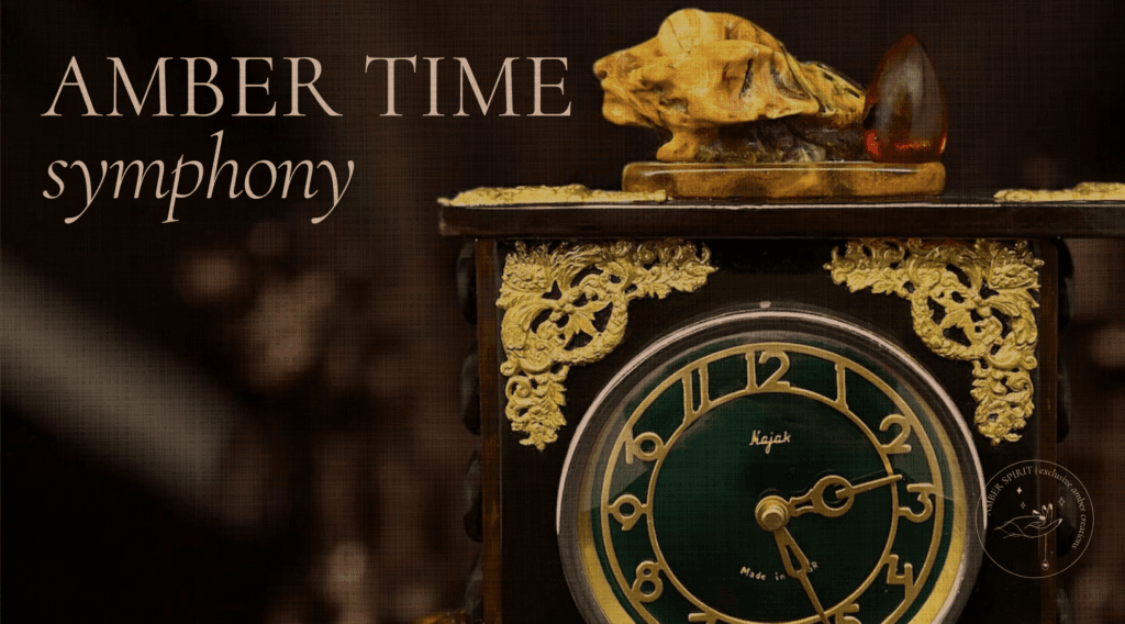 Amber Time Symphony: Close-up of the amber-crafted clock adorned with a shell-shaped gemstone and natural amber nugget